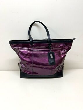 LODIS Black Leather Purple Aluminum Flash Laptop Tote Overnight Handbag Purse